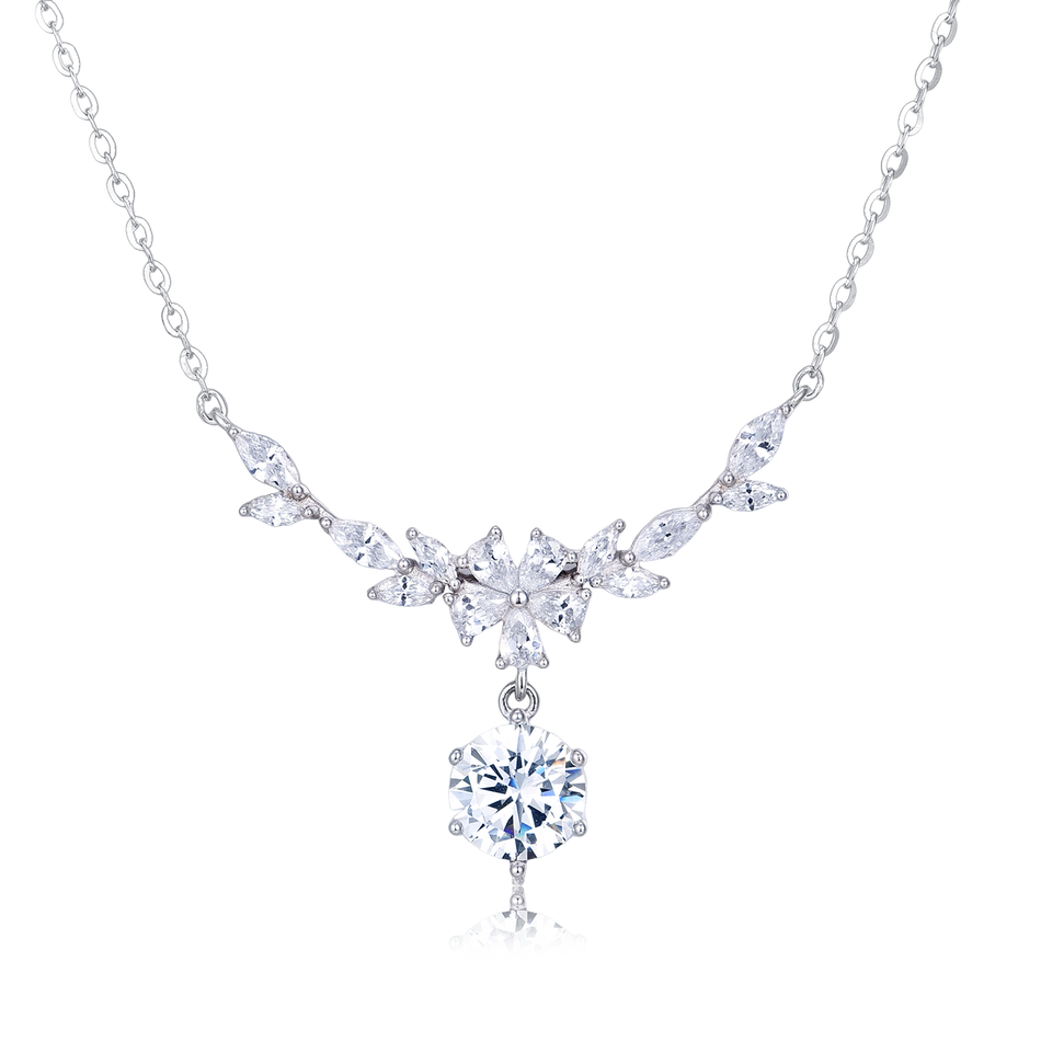 925 Sterling Silver Elegant Zircon Flower Necklace With Sparkling Silver Chain And Pendant