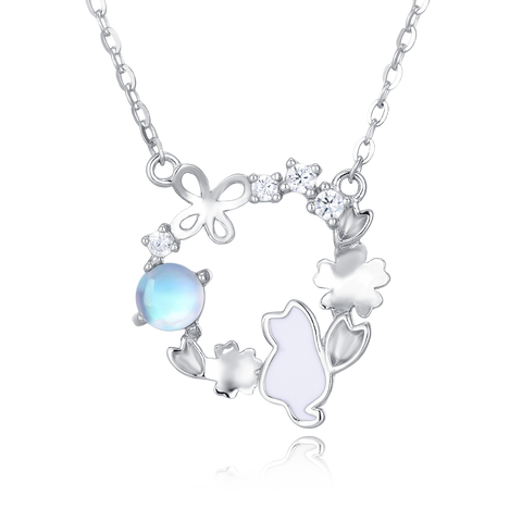 925 Sterling Silver Enchanted Moonstone Cat Necklace With Floral Accents