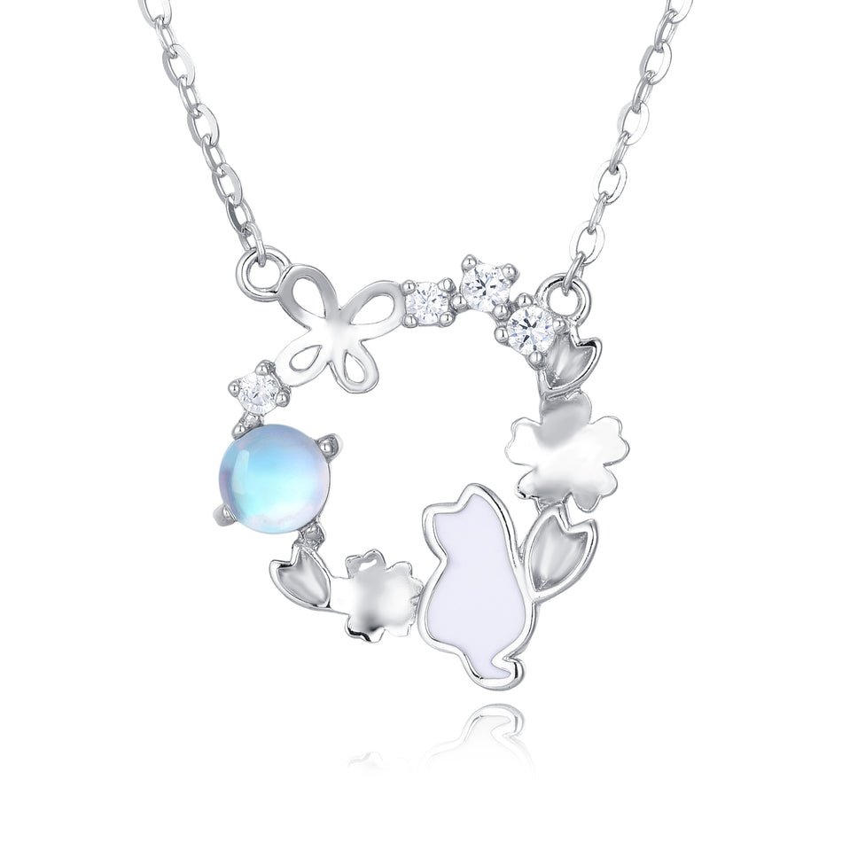 925 Sterling Silver Enchanted Moonstone Cat Necklace With Floral Accents