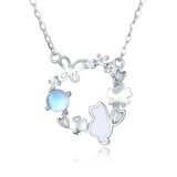 925 Sterling Silver Enchanted Moonstone Cat Necklace With Floral Accents