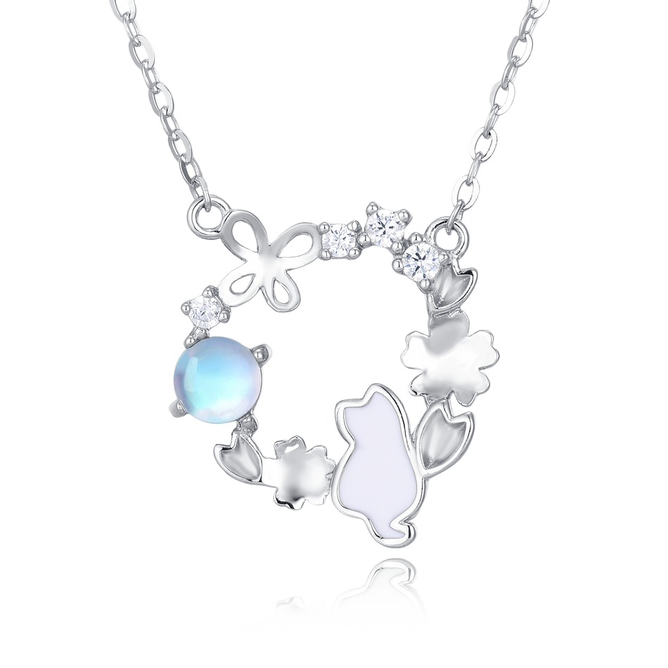 925 Sterling Silver Enchanted Moonstone Cat Necklace With Floral Accents