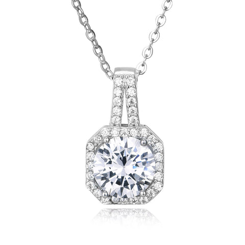 925 Sterling Silver Elegant Zircon Halo Pendant Necklace In Plated with White Gold – Timeless Luxury Jewelry