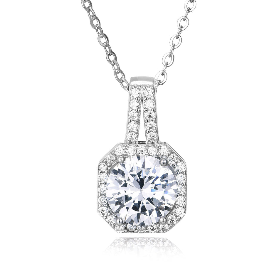 925 Sterling Silver Elegant Zircon Halo Pendant Necklace In Plated with White Gold – Timeless Luxury Jewelry