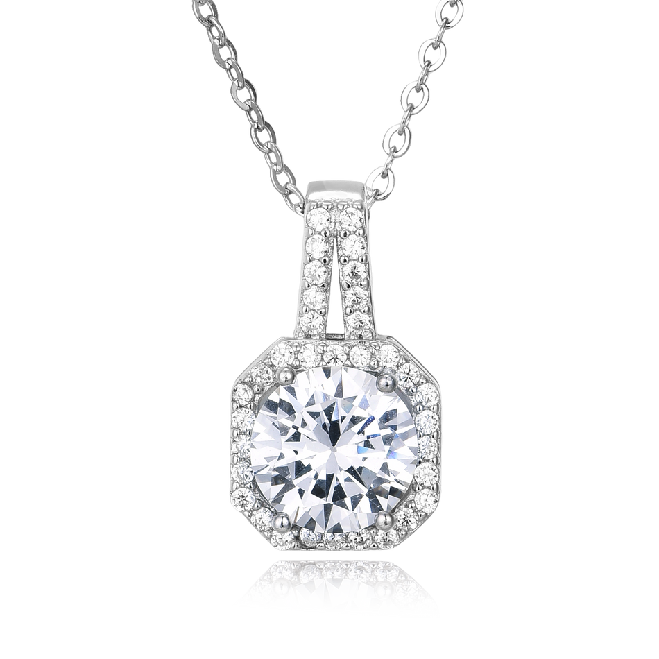 925 Sterling Silver Elegant Zircon Halo Pendant Necklace In Plated with White Gold – Timeless Luxury Jewelry