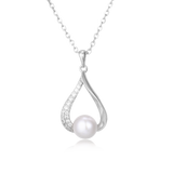 925 Sterling Silver Elegant Pearl & Zircon Teardrop Pendant Necklace In Sterling Silver