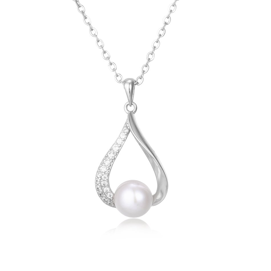 925 Sterling Silver Elegant Pearl & Zircon Teardrop Pendant Necklace In Sterling Silver