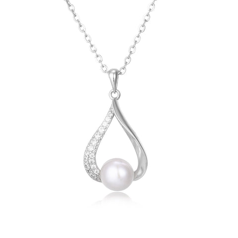 925 Sterling Silver Elegant Pearl & Zircon Teardrop Pendant Necklace In Sterling Silver
