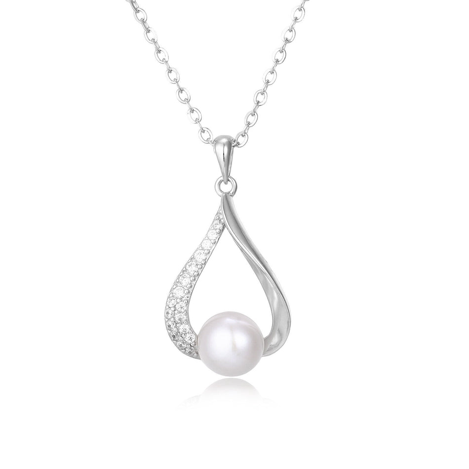 925 Sterling Silver Elegant Pearl & Zircon Teardrop Pendant Necklace In Sterling Silver