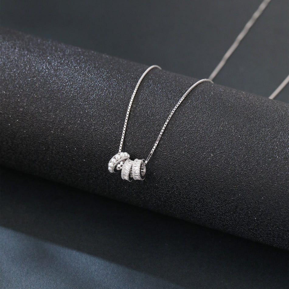 925 Sterling Silver Elegant Pearl And Baguette Zircon Necklace With Symmetrical Design