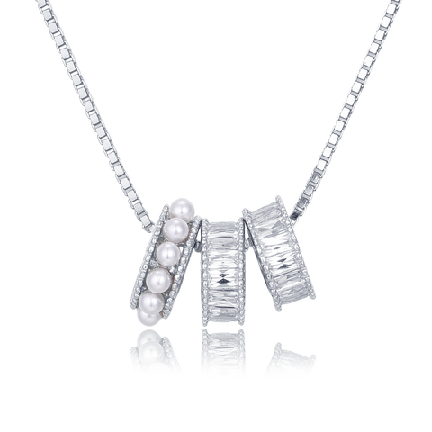 925 Sterling Silver Elegant Pearl And Baguette Zircon Necklace With Symmetrical Design