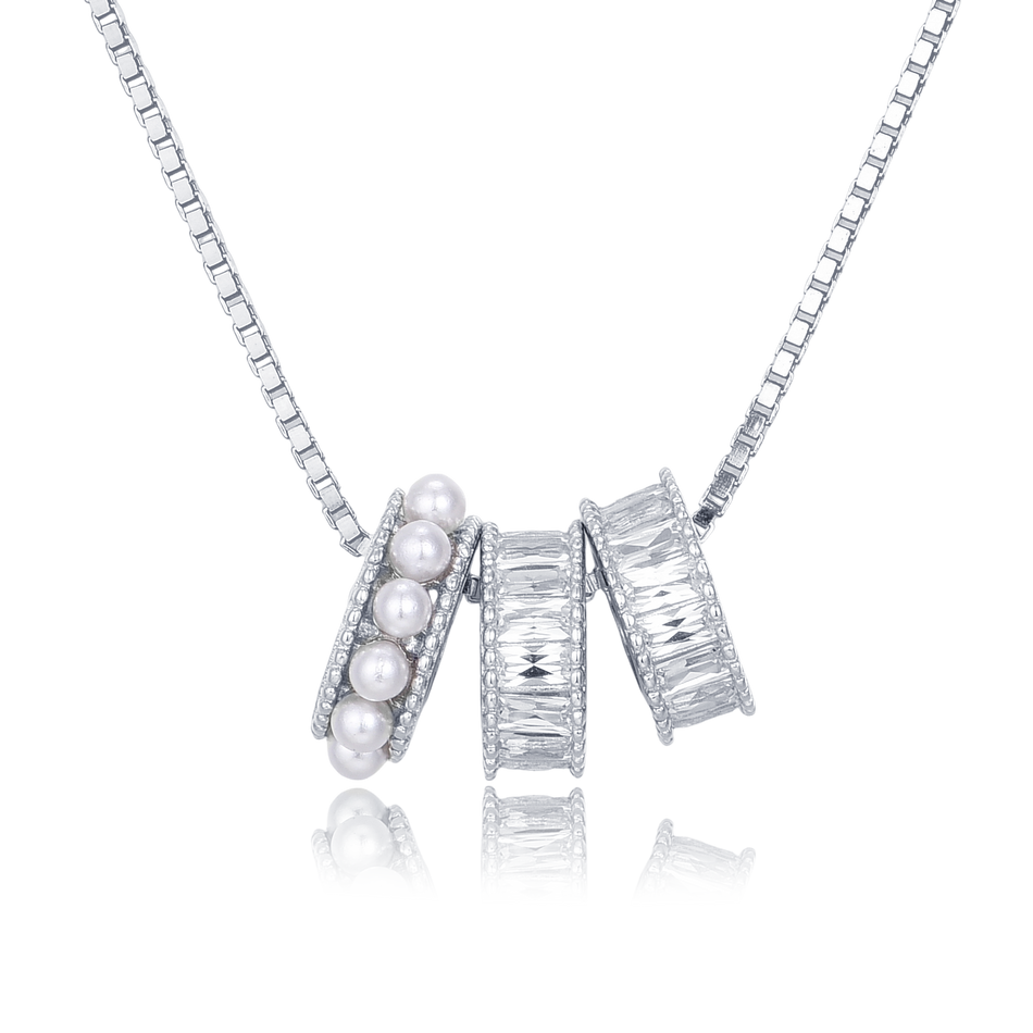 925 Sterling Silver Elegant Pearl And Baguette Zircon Necklace With Symmetrical Design