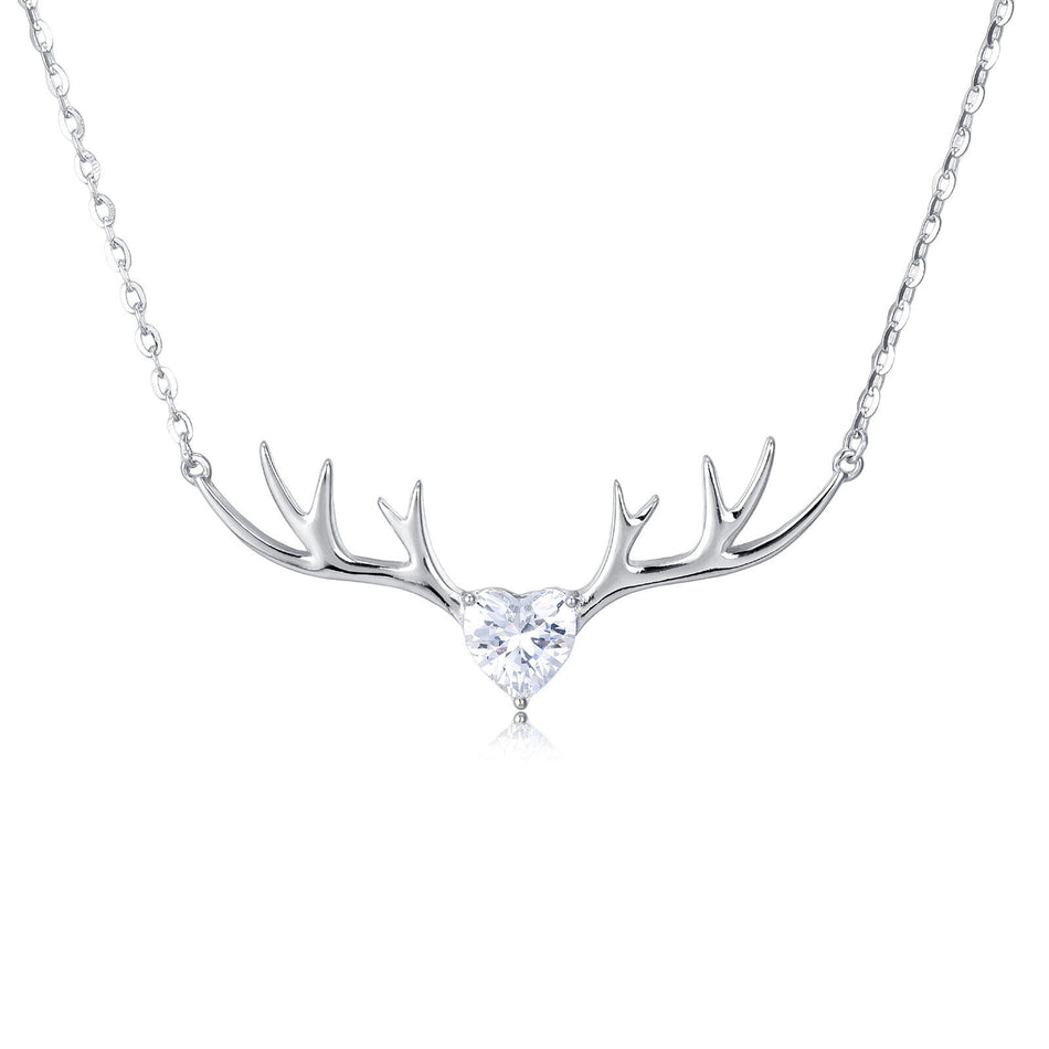 925 Sterling Silver Elegant Deer Antler Necklace With Heart Gemstone Pendant