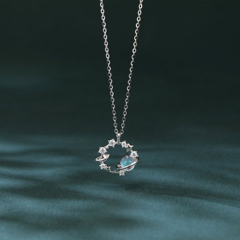 925 Sterling Silver Celestial Zircon Necklace With Planet Ring, Star Moon Charm, And Elegantdesign