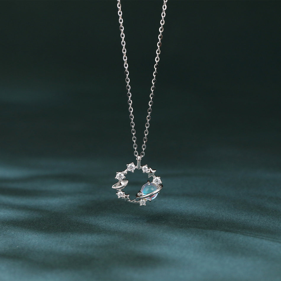 925 Sterling Silver Celestial Zircon Necklace With Planet Ring, Star Moon Charm, And Elegantdesign