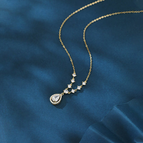925 Sterling Silver Elegant Plated With Gold Necklace With Teardrop Zircon Pendant And Sparkling Chain Accents
