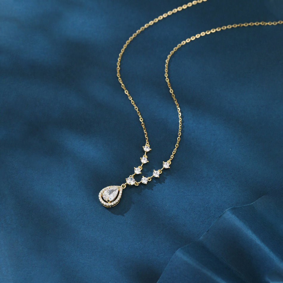 925 Sterling Silver Elegant Plated With Gold Necklace With Teardrop Zircon Pendant And Sparkling Chain Accents