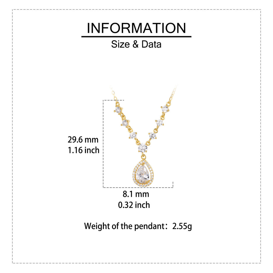 925 Sterling Silver Elegant Plated With Gold Necklace With Teardrop Zircon Pendant And Sparkling Chain Accents