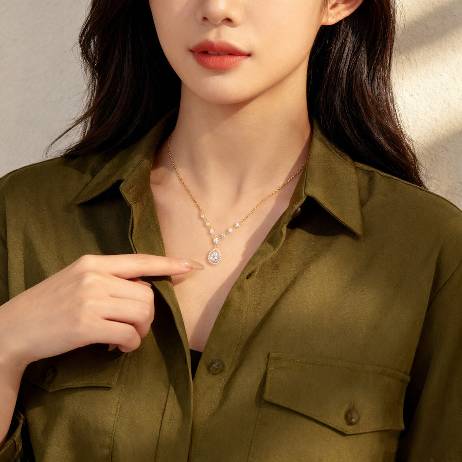 925 Sterling Silver Elegant Plated With Gold Necklace With Teardrop Zircon Pendant And Sparkling Chain Accents
