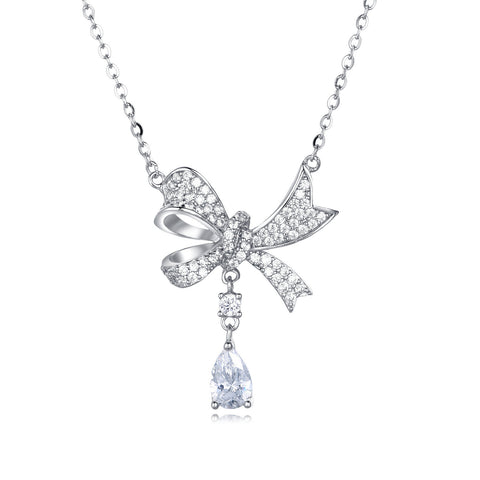 925 Sterling Silver Elegant Zircon Bow Necklace With Teardrop Pendant