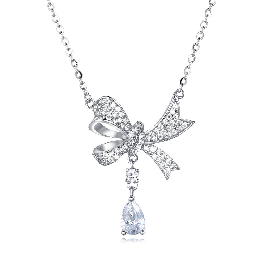 925 Sterling Silver Elegant Zircon Bow Necklace With Teardrop Pendant