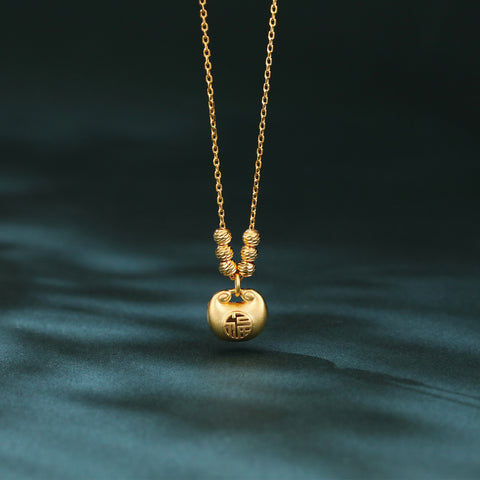 925 Sterling Silver Elegant Plated With Gold Beaded Necklace With Engraved Chinese Character Pendant