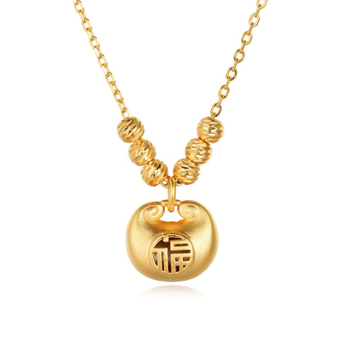 925 Sterling Silver Elegant Plated With Gold Beaded Necklace With Engraved Chinese Character Pendant