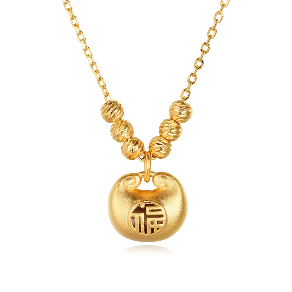 925 Sterling Silver Elegant Plated With Gold Beaded Necklace With Engraved Chinese Character Pendant