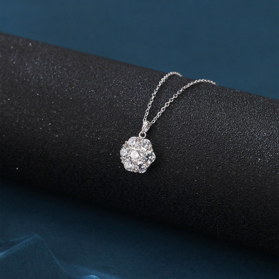 925 Sterling Silver Elegant Moissanite Cluster Pendant Necklace
