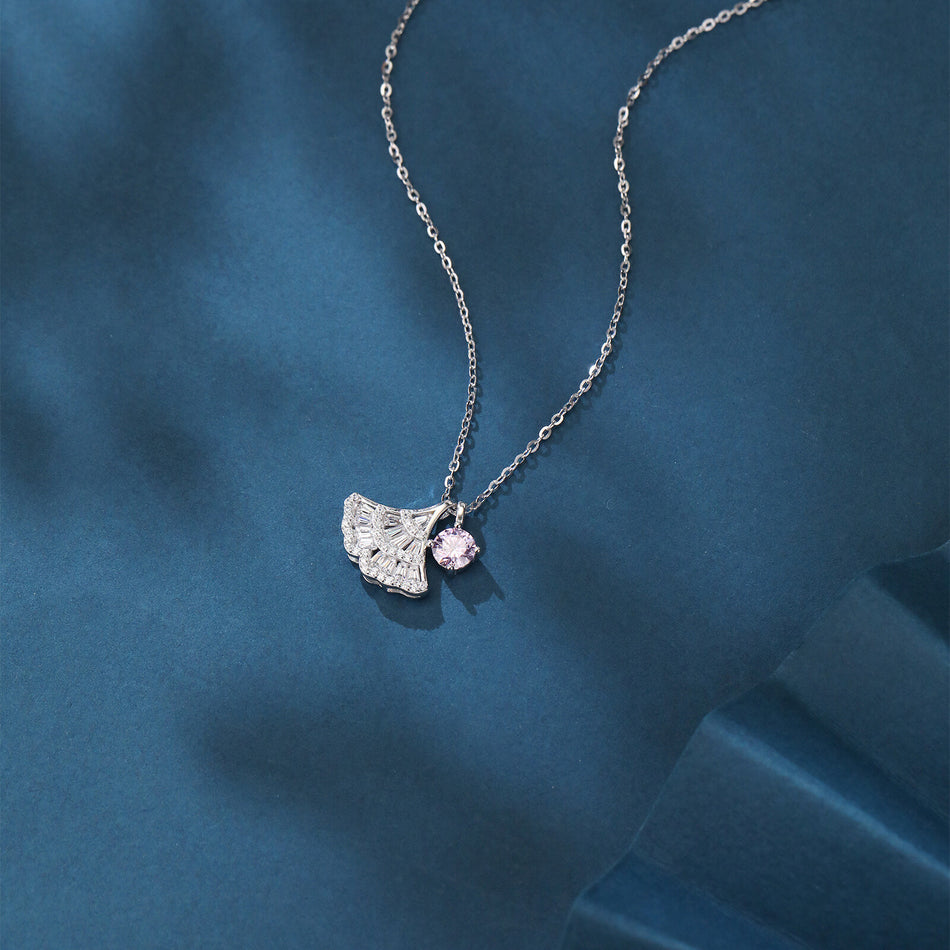 925 Sterling Silver Elegant Silver Pink Moissanite Fan-shaped Pendant Necklace With Sparkling Accents