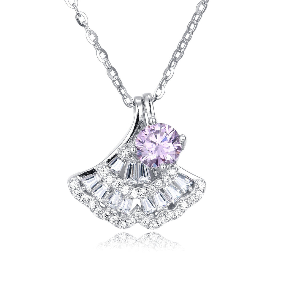 925 Sterling Silver Elegant Silver Pink Moissanite Fan-shaped Pendant Necklace With Sparkling Accents