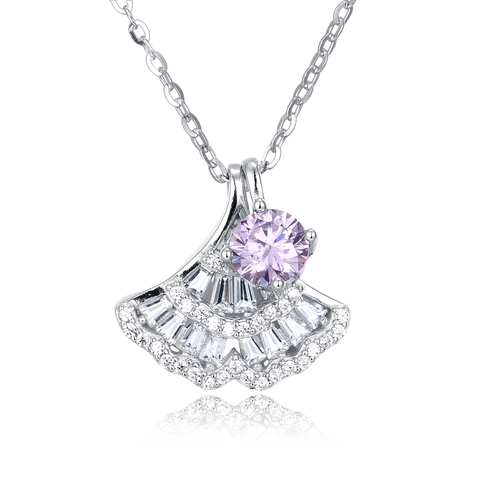 925 Sterling Silver Elegant Silver Pink Moissanite Fan-shaped Pendant Necklace With Sparkling Accents