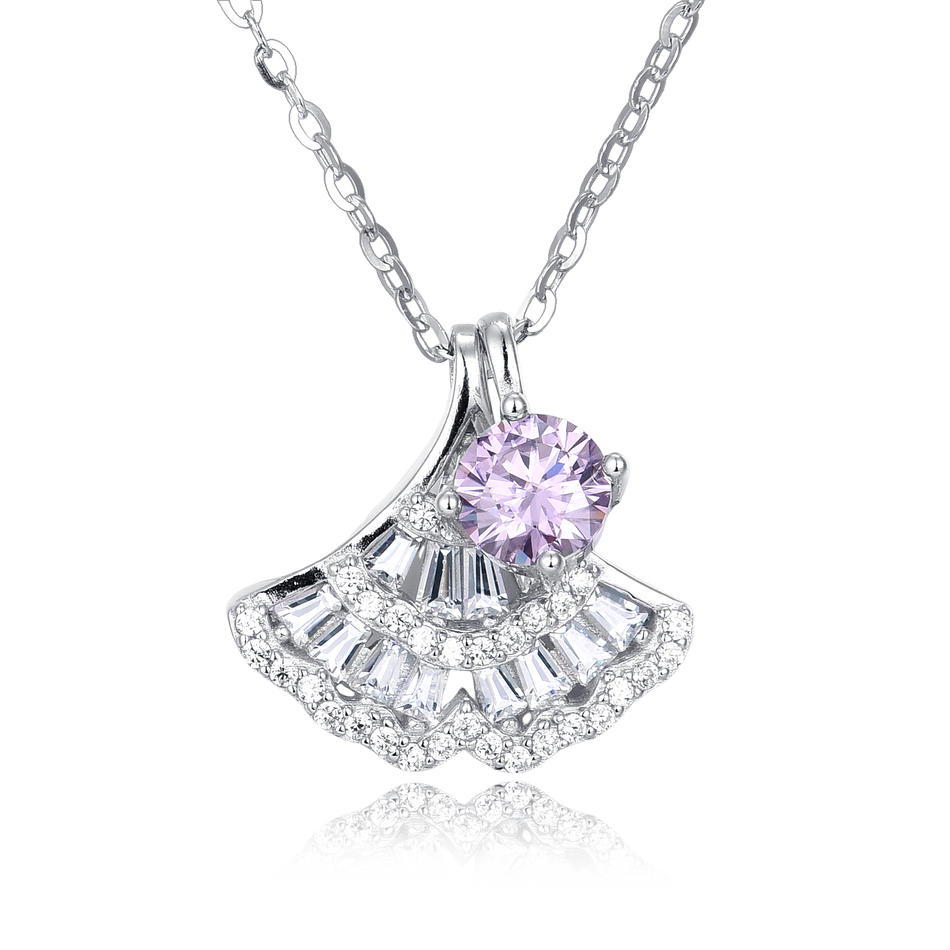 925 Sterling Silver Elegant Silver Pink Moissanite Fan-shaped Pendant Necklace With Sparkling Accents