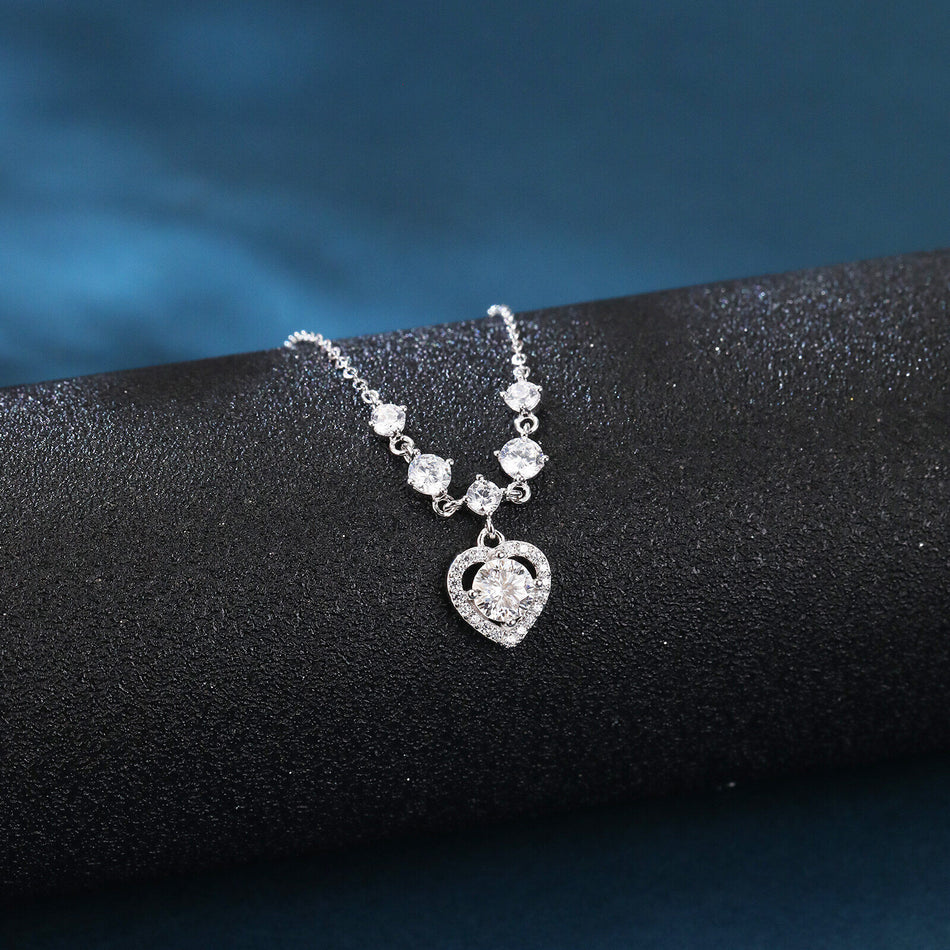 925 Sterling Silver Elegant Silver Heart Moissanite Necklace With Sparkling Accents