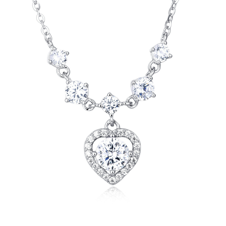 925 Sterling Silver Elegant Silver Heart Moissanite Necklace With Sparkling Accents