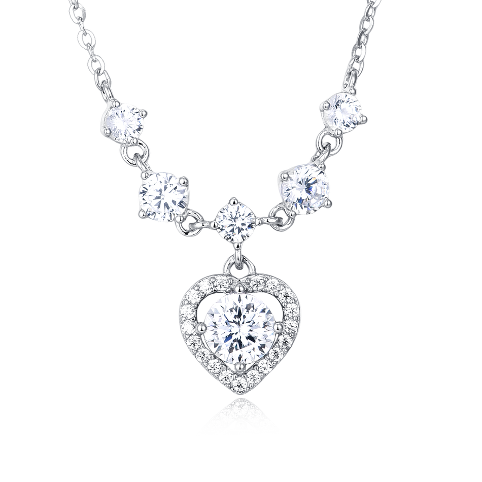 925 Sterling Silver Elegant Silver Heart Moissanite Necklace With Sparkling Accents