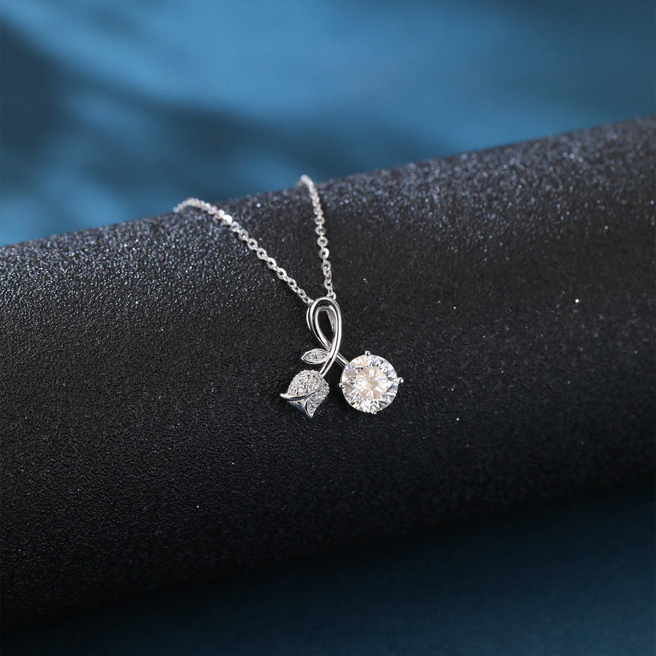 925 Sterling Silver Elegant Moissanite Ribbon Necklace With Silver Chain And Sparkling Leaf Accents