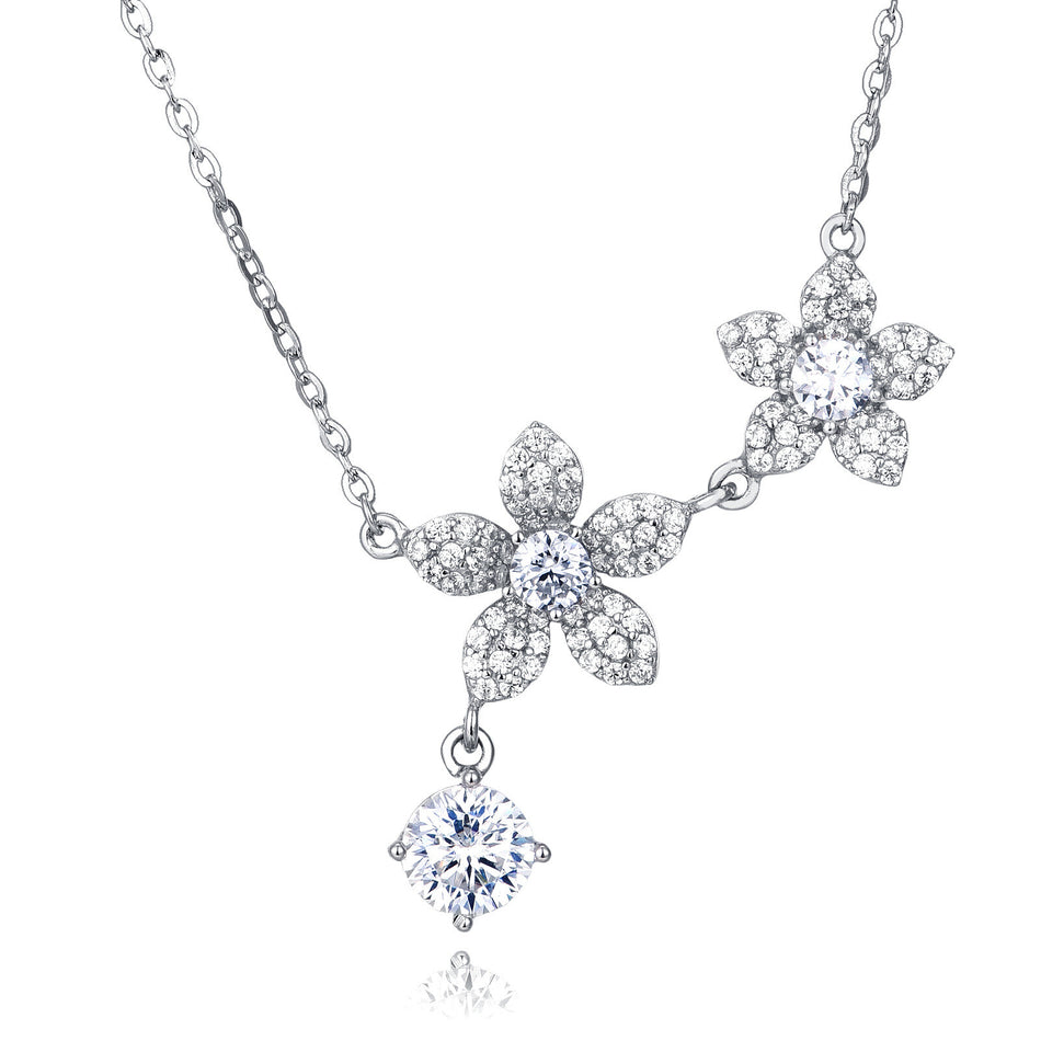 925 Sterling Silver Elegant Silver Flower Necklace With Moissanite Accents And Delicate Petal Design