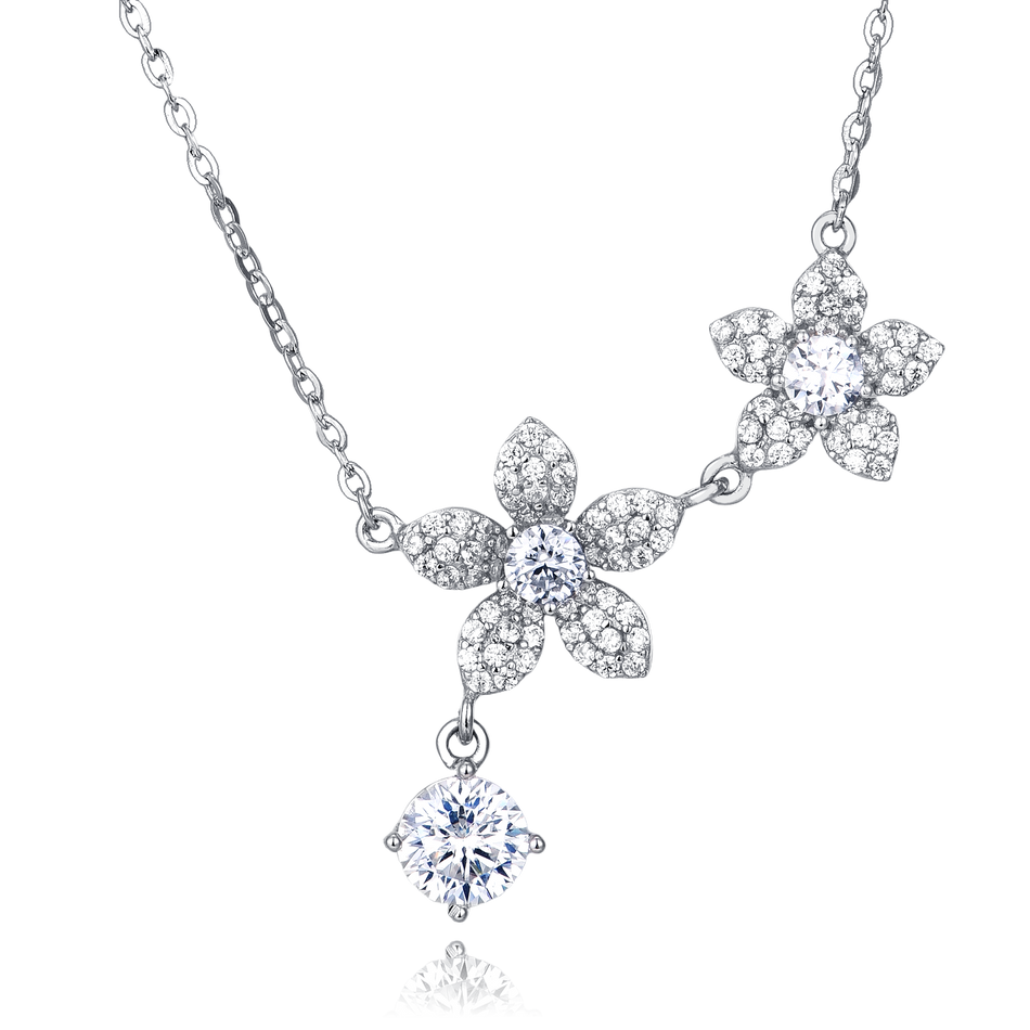 925 Sterling Silver Elegant Silver Flower Necklace With Moissanite Accents And Delicate Petal Design