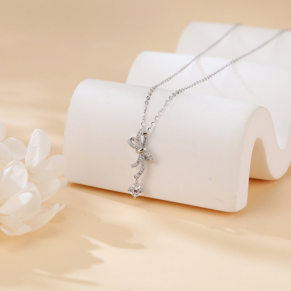 925 Sterling Silver Sparkling Moissanite Bow Pendant Necklace