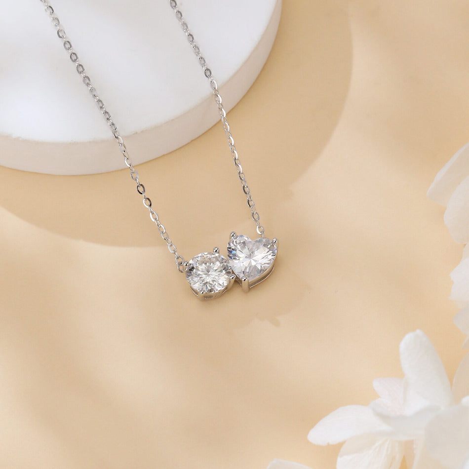 925 Sterling Silver Elegant Double Moissanite Pendant Necklace In Plated with White Gold