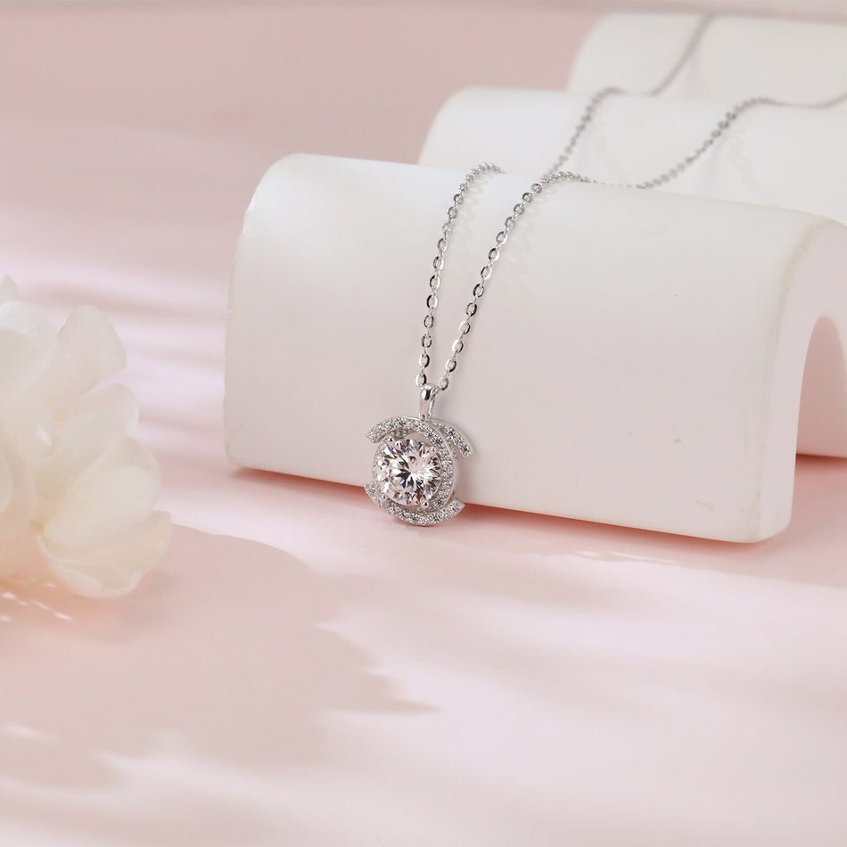 925 Sterling Silver Elegant Plated with White Gold Moissanite Necklace With Radiant Center Stone And Halo Setting