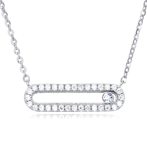 925 Sterling Silver Elegant Moissanite Bar Necklace With Oval Cutout And Solitaire Accent In Plated with White Gold