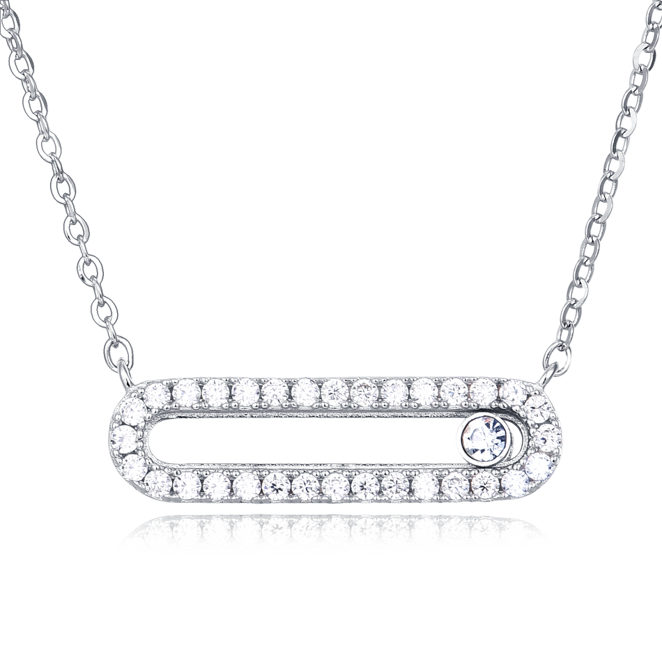 925 Sterling Silver Elegant Moissanite Bar Necklace With Oval Cutout And Solitaire Accent In Plated with White Gold