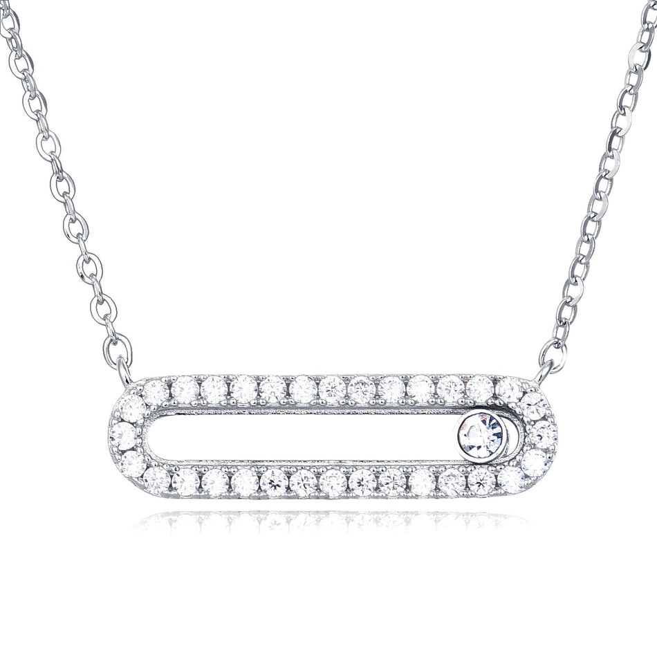 925 Sterling Silver Elegant Moissanite Bar Necklace With Oval Cutout And Solitaire Accent In Plated with White Gold