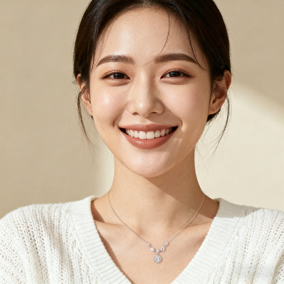 925 Sterling Silver Elegant Moissanite Necklace With Cascading Solitaire Drops And Halo Pendant