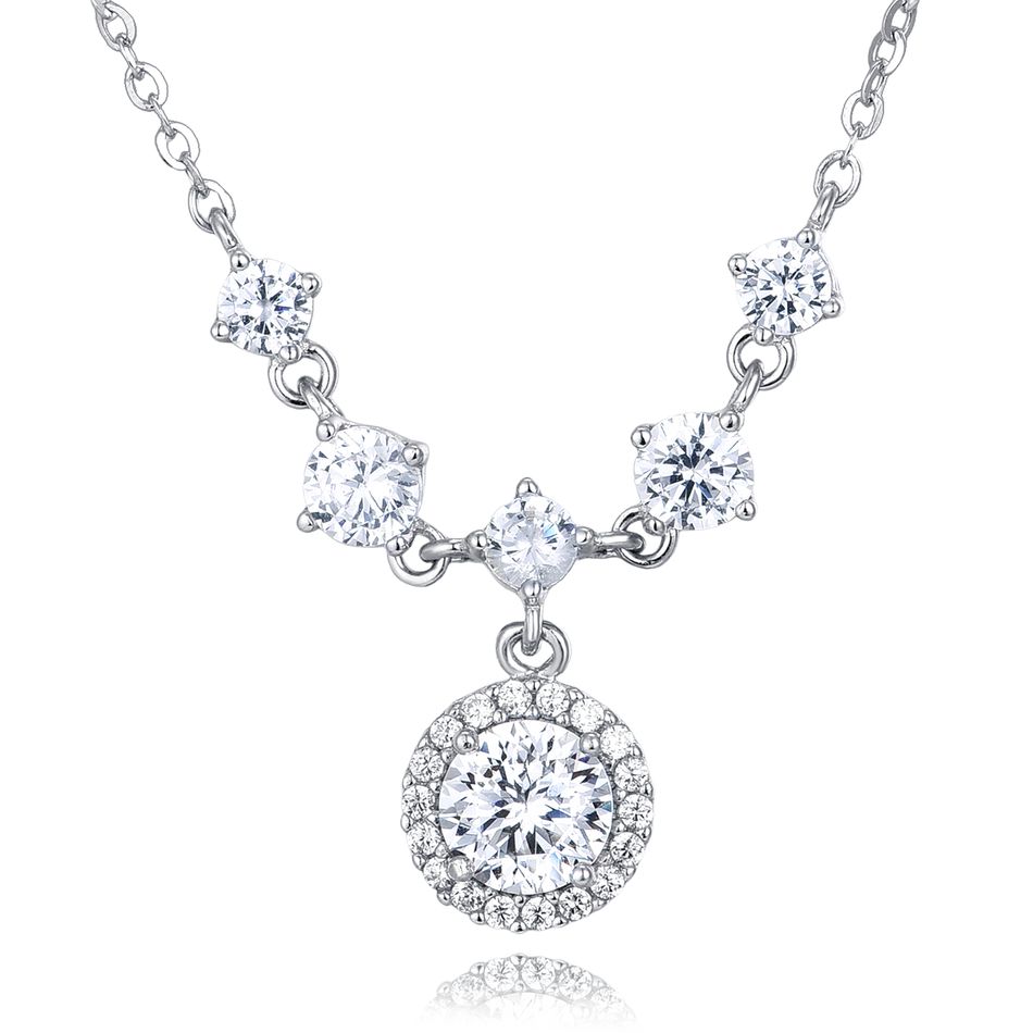 925 Sterling Silver Elegant Moissanite Necklace With Cascading Solitaire Drops And Halo Pendant