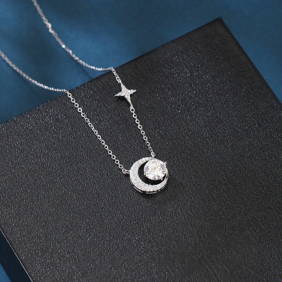 925 Sterling Silver Celestial Elegance Moon & Star Moissanite Necklace