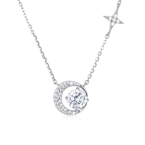 925 Sterling Silver Celestial Elegance Moon & Star Moissanite Necklace