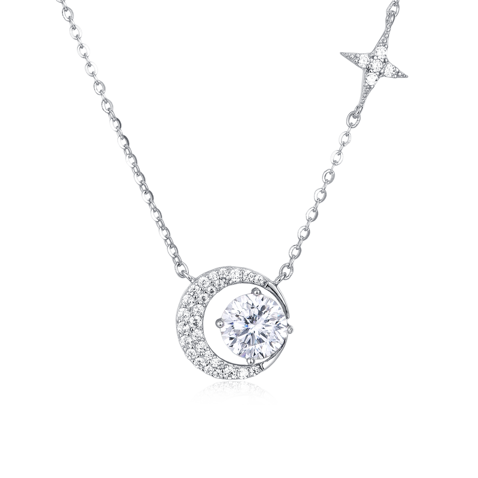 925 Sterling Silver Celestial Elegance Moon & Star Moissanite Necklace