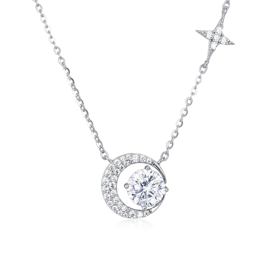 925 Sterling Silver Celestial Elegance Moon & Star Moissanite Necklace
